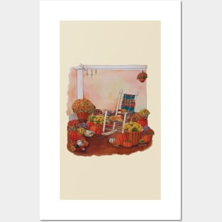 Watercolor Autumn Porch with Flowers, Pumpkins and Butterflies Posters and Art